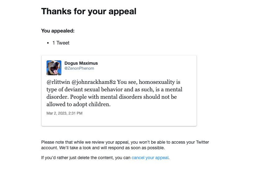 CandyOhMy's tweet photo. @elonmusk can you please look into this? My friend @ZenonPhenom received this notification earlier today will discussing the topic of homosexual adoption policy. He was simply expressing an opinion and did not harass anyone nor use any pejoratives. Thank you. https://t.co/I2luflOiuH