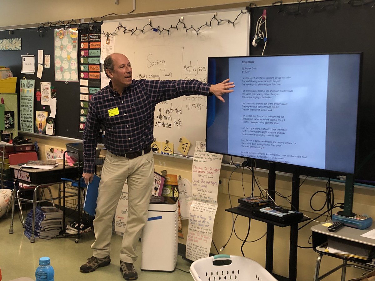 MrsBurndrettRSS's tweet photo. It’s always a great day when our favorite poet Andrew Green from @Potatopoetry is back @RSS_Littleton. Thank you to the RSS PTA for funding this event for grade 4! The students did a great job creating poems inspired by Spring Speaks written by Mr. Green! https://t.co/92Lo5n0WHE