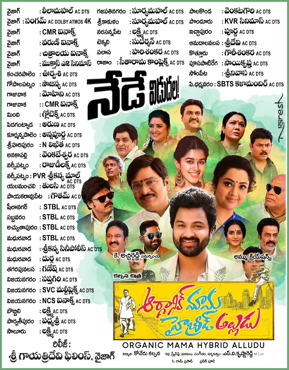 onlymoviesnews's tweet photo. నేడే విడుదల !!

#OrganicMamaHybridAlludu Uttarandhra Theater's List !!

Release by Sree Gayathri Devi Films !!

@mirnaliniravi @RyanSohel #SyedSohell #BalaRaju #Lakshman #SVKrishnaReddy #KoneruKalpana #AtchiReddy #SekharKammula #Meena @saregamaglobal @harshachemudu
#OMHAFromToday https://t.co/7vXcRIgEb4