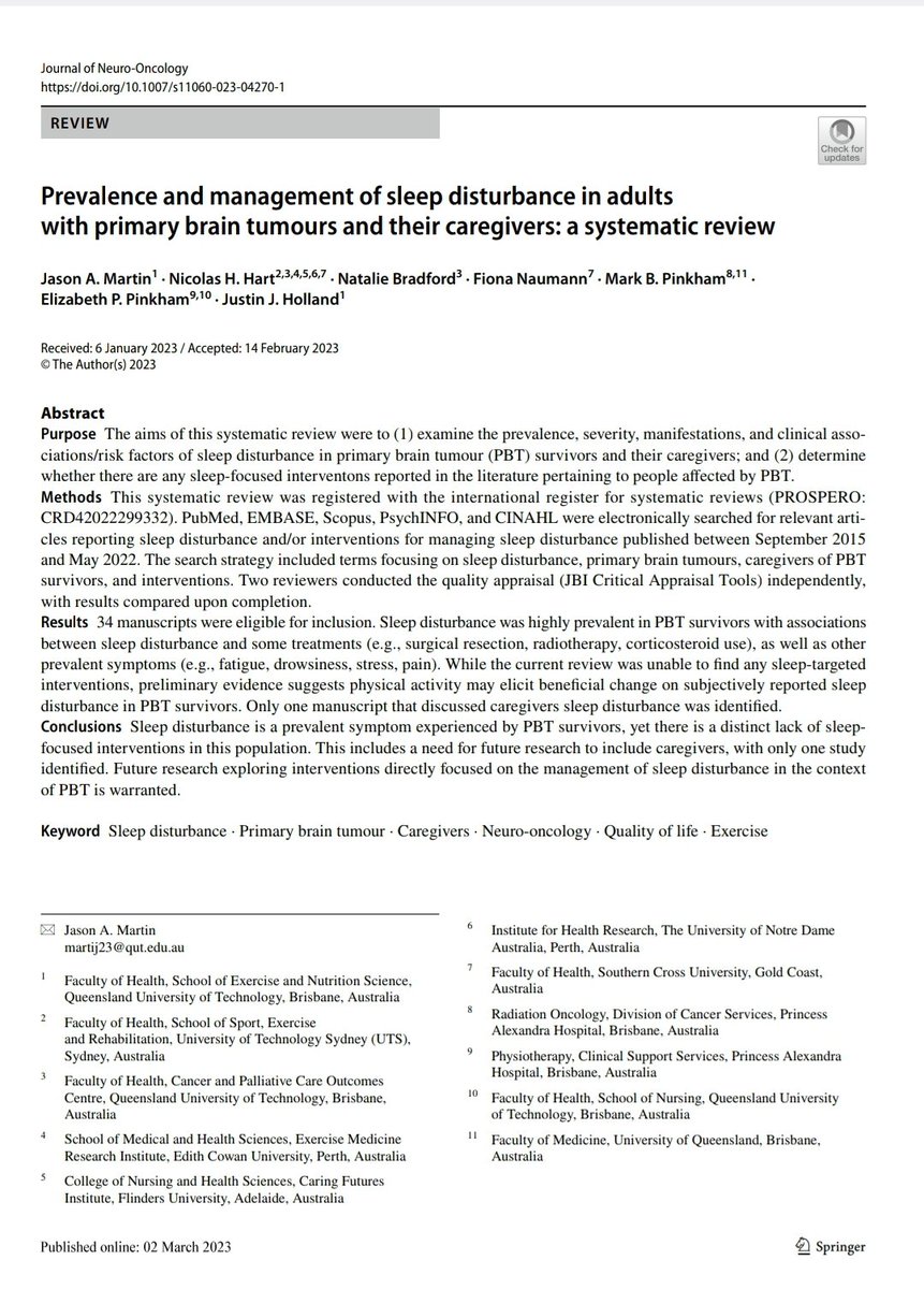 Nicolas Hart (@drnicolashart) on Twitter photo 🚨 Published 🚨 Sleep disturbance in adults with primary brain tumours and their caregivers: link.springer.com/article/10.100…
Excellent paper by Jason Martin (PhD Cand) with <a href="/NatalieKB8/">Natalie Bradford</a>, <a href="/DrPinky_UK/">Mark Pinkham</a>, <a href="/lizpinkie/">Liz</a>, <a href="/JustinJHolland/">Justin Holland</a> et al, published in <a href="/JNeuroOncol/">Journal of Neuro-Oncology</a>!
Targeted research needed! 🚨 Published 🚨 Sleep disturbance in adults with primary brain tumours and their caregivers: link.springer.com/article/10.100…
Excellent paper by Jason Martin (PhD Cand) with <a href="/NatalieKB8/">Natalie Bradford</a>, <a href="/DrPinky_UK/">Mark Pinkham</a>, <a href="/lizpinkie/">Liz</a>, <a href="/JustinJHolland/">Justin Holland</a> et al, published in <a href="/JNeuroOncol/">Journal of Neuro-Oncology</a>!
Targeted research needed!