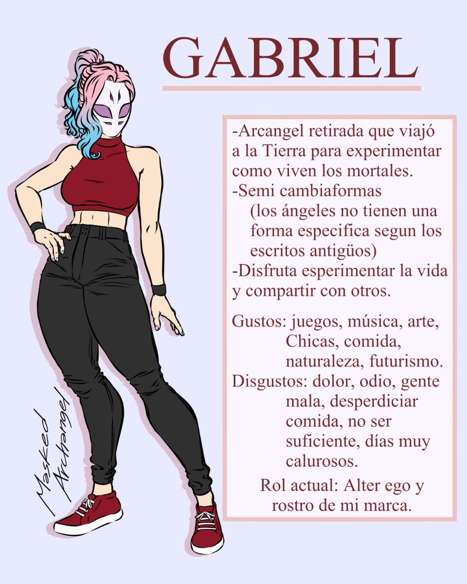 MaskedArchangel's tweet photo. To celebrate my bday, here it is! A presentation for my oc! 
Y hay en español para los panas u3u
I wanted to do a full character sheet but these were very chaotic days
#oc #originalcharacter #angel https://t.co/to59xqzQci