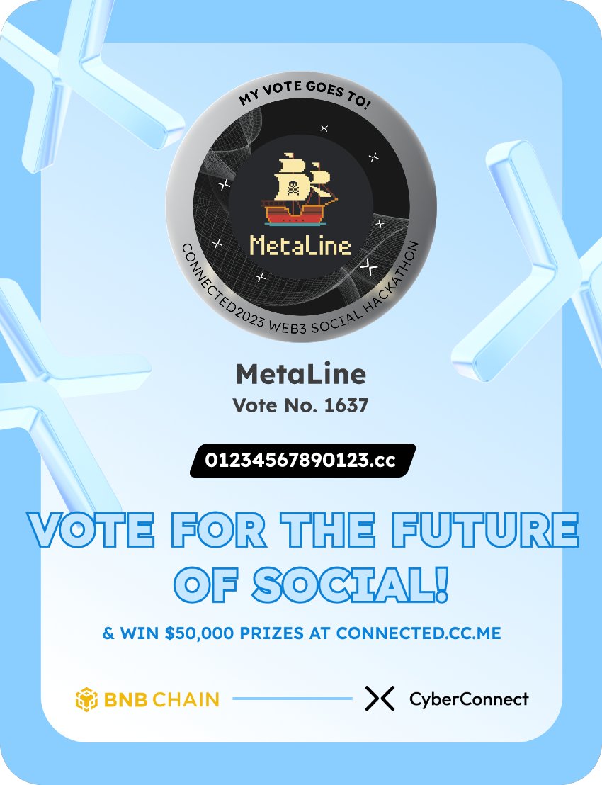 lw15377588's tweet photo. Just voted for my favorite project MetaLine in #Connected2023, a Web3 Social hackathon by @CyberConnectHQ the social graph protocol &amp; @BNBCHAIN
Join me to vote for a better social and win $50,000-$100,000 prizes!
https://t.co/NTA9ht6ywy
sig:i2AM7K 
  https://t.co/xMuRGb1nrO https://t.co/xSjD41sEi9