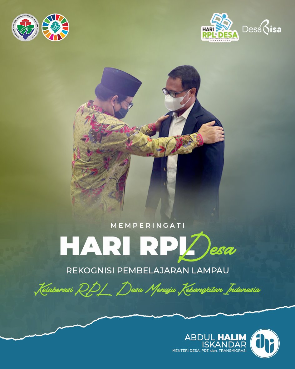 Hari ini, kita mensyukuri peningkatan kualitas &amp; daya saing SDM desa, demi percepatan pencapaian 18 tujuan SDGs Desa. RPL Desa, adalah jalan kebangkitan dan katahanan ekonomi desa, untuk kemajuan Indonesia
Selamat memperingati Hari Rekognisi Pembelajaran Lampau Desa
#HariRPLDesa