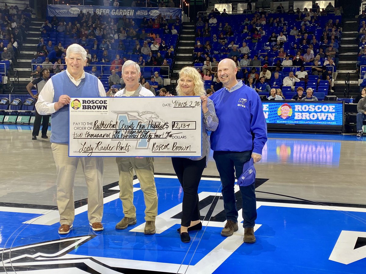 Roscoe Brown Inc. (@roscoebrowninc) on Twitter photo Let’s go Lady Raiders!!! Tonight Roscoe Brown cheered on the best team <a href="/MT_WBB/">Middle Tennessee Women's Basketball</a> & presented a check to @Habitat_MidTN. Thanks for the opportunity <a href="/MTAthletics/">Middle Tennessee Athletics</a>!! 💙💙💙 #hometownteam #HVAC Let’s go Lady Raiders!!! Tonight Roscoe Brown cheered on the best team <a href="/MT_WBB/">Middle Tennessee Women's Basketball</a> & presented a check to @Habitat_MidTN. Thanks for the opportunity <a href="/MTAthletics/">Middle Tennessee Athletics</a>!! 💙💙💙 #hometownteam #HVAC