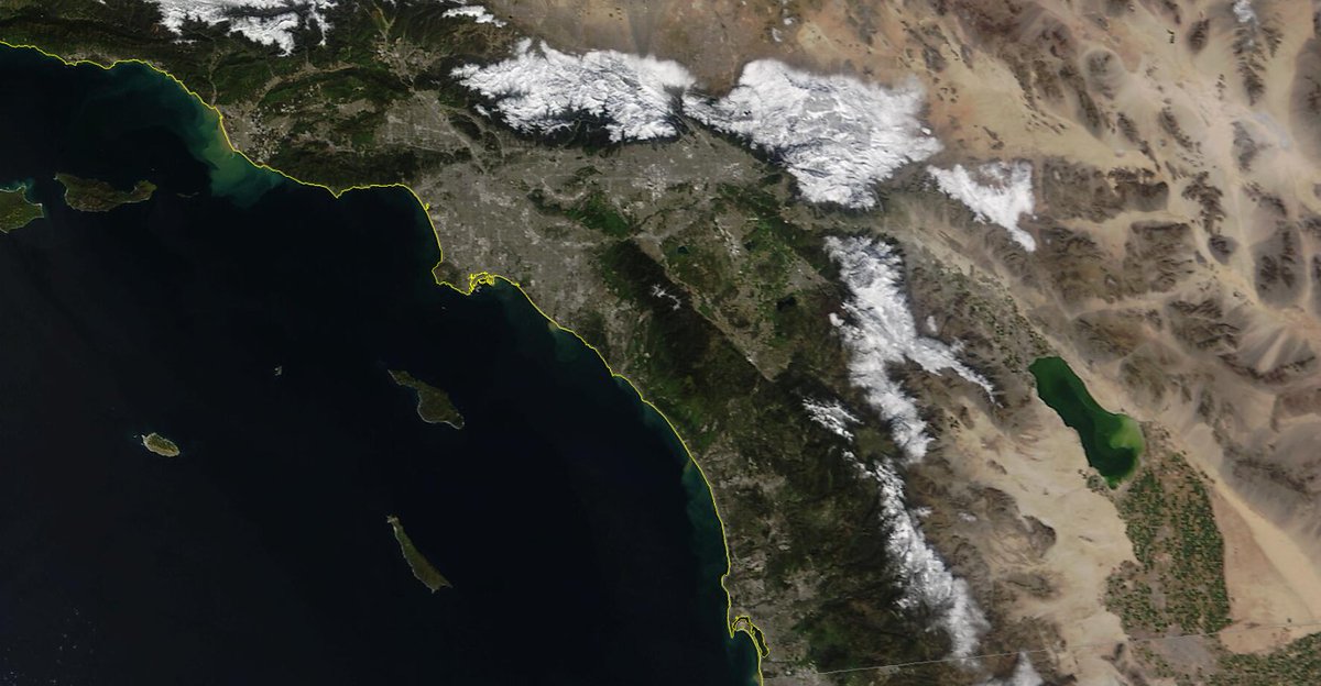 The MODIS polar satellite today captures the extensive #snow coverage across higher terrain, based on historical data, Big Bear City received 82 inches of snow in 7 days, exceeding the 58 inches back in 1979 #castorm #cawx