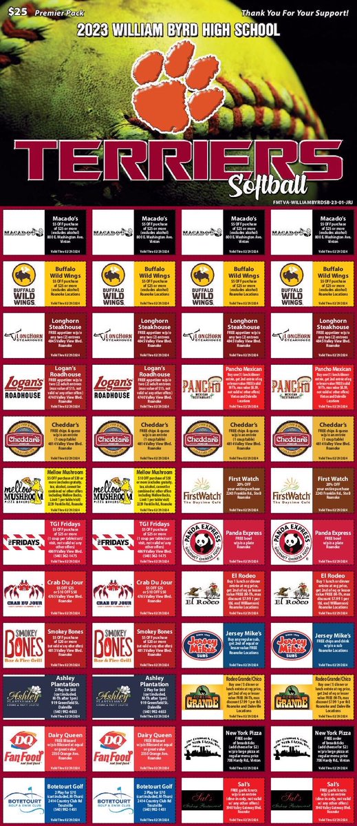 Time to save some money!  See your favorite Terrier Softball player for the 2023 coupon card!!! Over $250 of savings for $25!  Dm for a Terrier player to contact you!