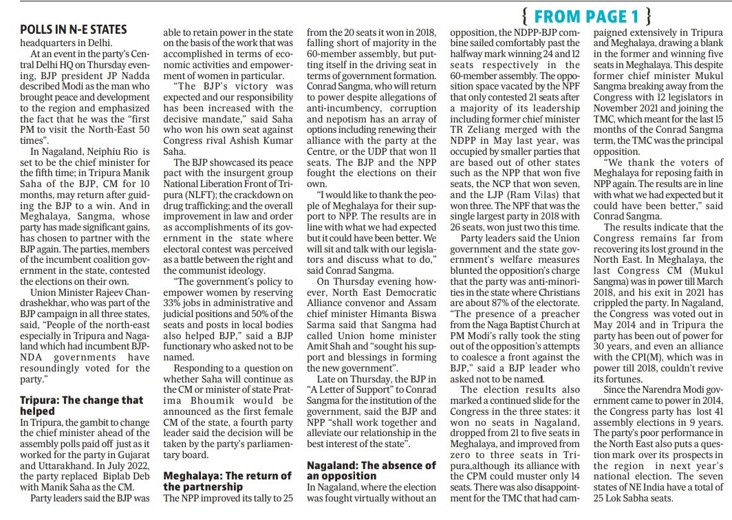 utpal_parashar's tweet photo. Results of the elections in Tripura, Meghalaya and Nagaland............in today's Hindustan Times @htTweets @AliceYhoshu @PriyankaDebBarm https://t.co/5bs8wlxHtm