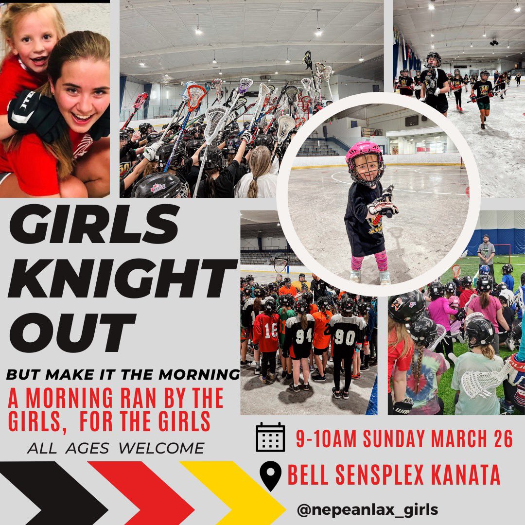 ⭐️ GIRLS KNIGHT OUT⭐️
*but make it the morning*

A morning ran BY THE GIRLS for THE GIRLS🥍💪🏼

Interested in trying lacrosse?
Come try lacrosse is FREE for ALL AGES

Message us if you have any questions

Save the date🗓️
Sunday March 26, 2023 @ 9am
Bell Sensplex Turf

CYA THERE!!