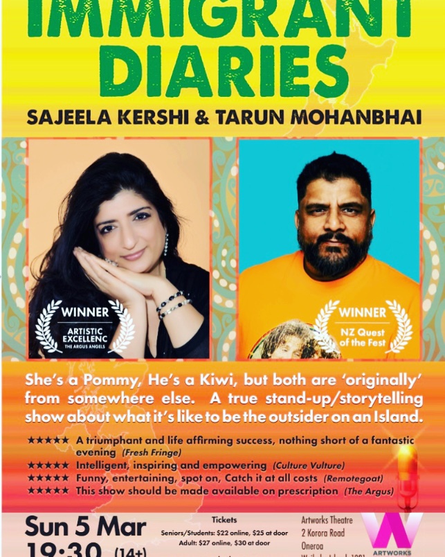 #Kiwi friends & those who know people in NZ pls spread da word! Sun 5thMar only NZ show #ImmigrantDiaries 7.30pm #waiheke @Artworkstheatre special guest @tarunomo Take day trip 2 beautiful #Waiheke check #Vineyards #honey fab sights then this 5* show! artworkstheatre.org.nz/events/immigra…