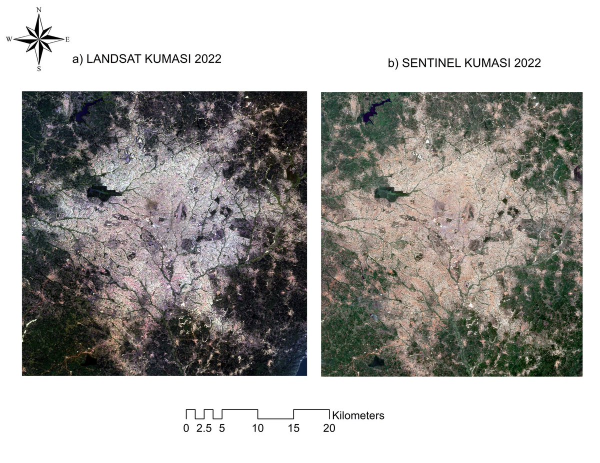 DGyile's tweet photo. Comparing Landsat and sentinel image on LULC in Kumasi. Also calculated for NDVI and LST with the sentinel image. https://t.co/61YZaNSKNU