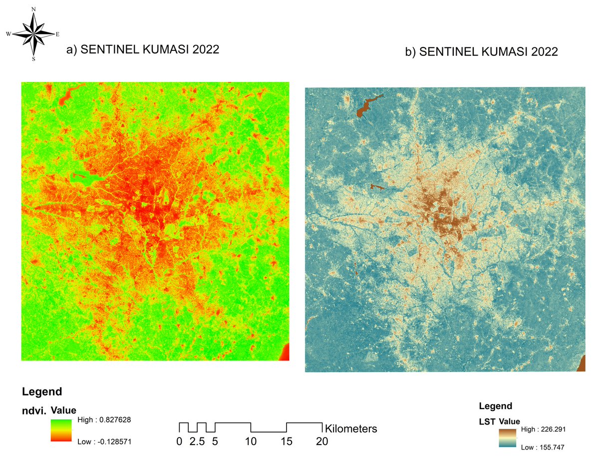 DGyile's tweet photo. Comparing Landsat and sentinel image on LULC in Kumasi. Also calculated for NDVI and LST with the sentinel image. https://t.co/61YZaNSKNU
