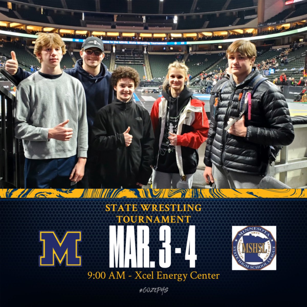 Best of luck to our wrestlers Hayden Schaefer, Max Rice, Aidan Carlson,  Shelby McFetridge and Evan McGuire at STATE tomorrow and Saturday! #GoZephs