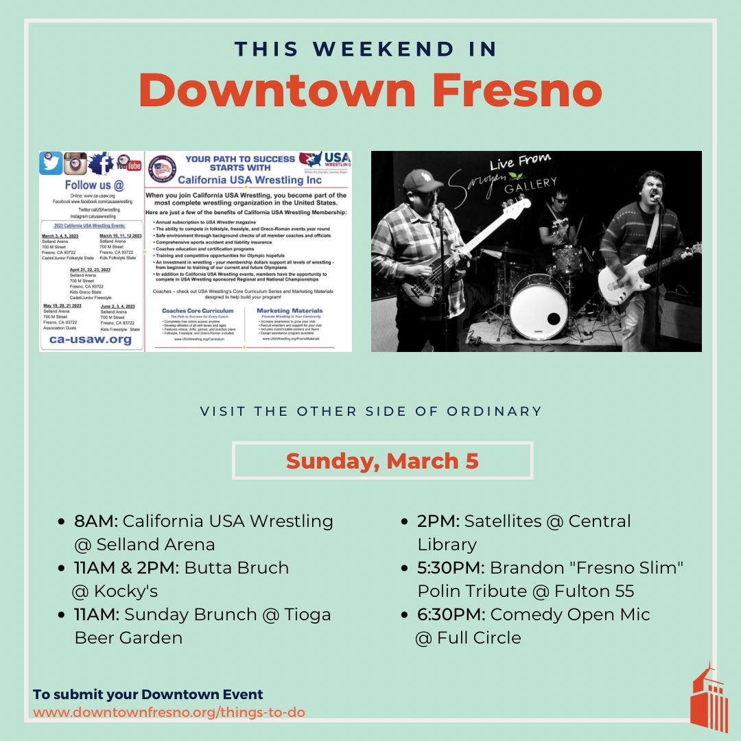 WEEKEND ROUND UP! Looking to spend another post-ArtHop weekend in Downtown Fresno? Check out what's going on this weekend &amp; see what downtown has to offer🌆
-
To see more events or submit your upcoming downtown events, visit the Events Calendar at the link in our bio🔗