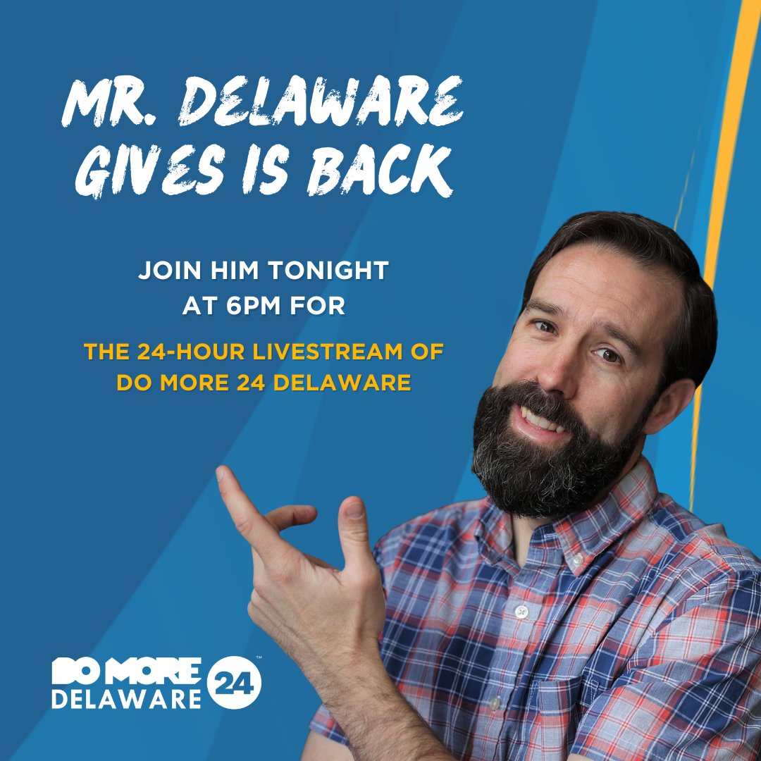 DelawarePublic's tweet photo. Mr. Delaware Gives returns TONIGHT for a 24-hour livestream of #DoMore24DE! DPM’s Jane Vincent will join the livestream at 6am tomorrow. Tune in to learn how your vital support will help expand our signal and bring you more local programming. #DelawarePublicMedia #netDE https://t.co/FH4TYgJOdU