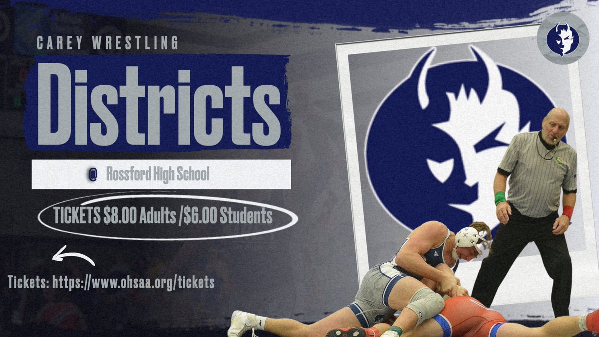 Best of Luck Blue Devil Wrestlers competing in the Districts at Rossford High School on Friday March 3 and Saturday March 4!
Tickets can be found at ohsaa.org/tickets
Adults $8.00 Students $6.00