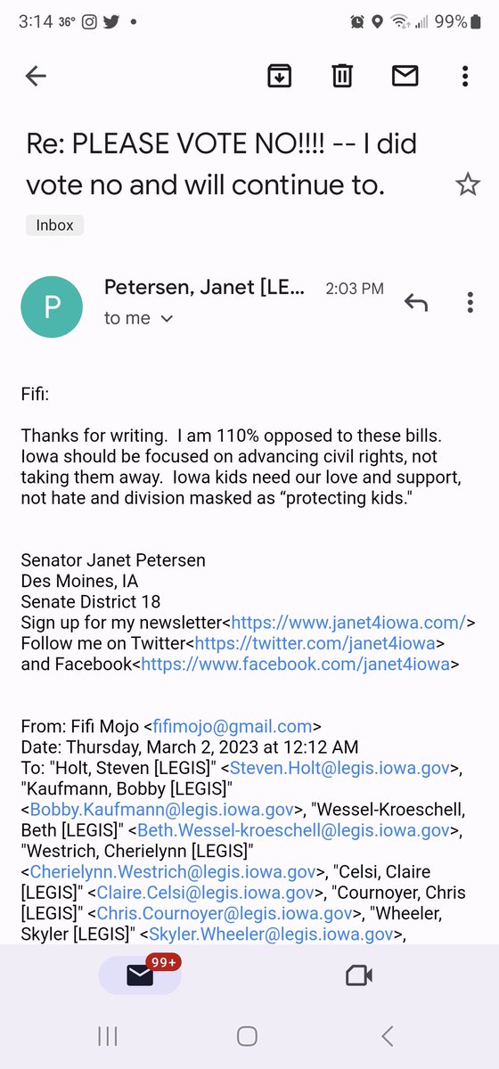 I emailed every one of our Iowa Senators & Legislators and only one emailed back. Thank you Senator Janet Petersen for fighting with us to stop the hate against our children and community!! 🏳️‍🌈♥️💯 Wish we had more like her on our side fighting for/with us! 🤞 #wewontbackdown