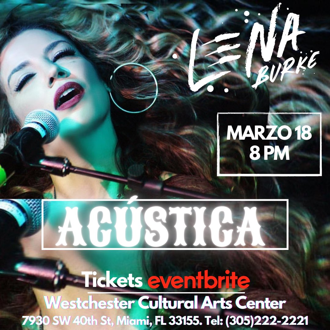 Hello corazones, los espero para cantarles bien cerquita!!!
.
Lena Burke “Acústica”
Sábado, 18 de Marzo del 2023.
<a href="/wcacenter/">The Bowery Stage, Winnsboro TX</a> 
7930 SW, 40th St Miami, FL 33155
Tickets www. eventbrite.com o por el Tel: 305-222-2221
.
 #LenaBurke #LenaBurkeMusic #LenaAcustica #Piano