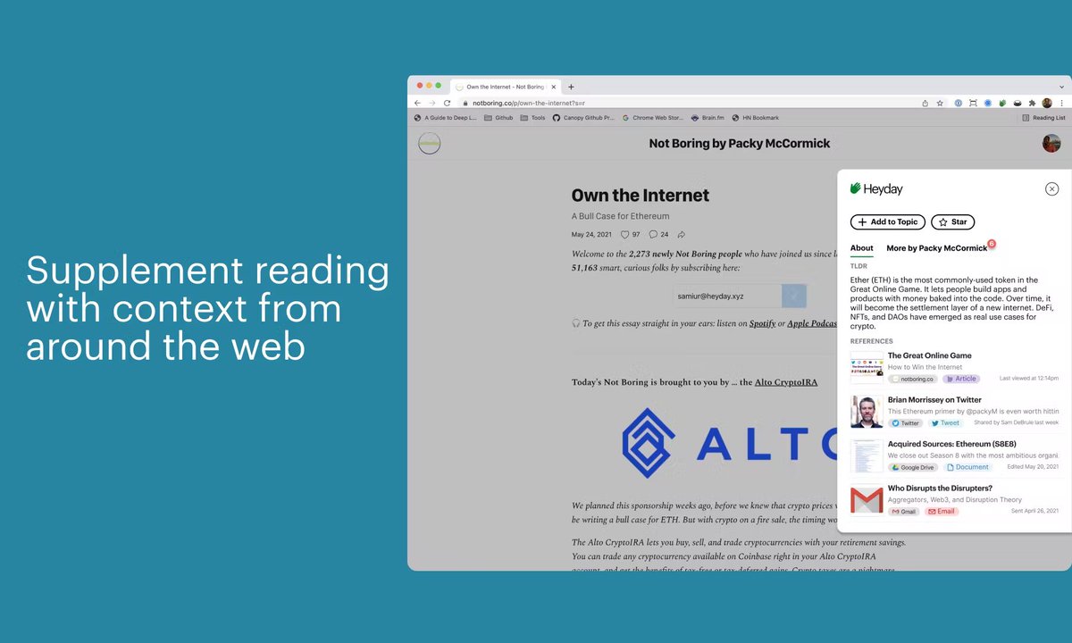 crobuttons's tweet photo. Heyday's browser extension automatically saves web pages and app content, uses ML to surface it alongside Google results, overlays it on articles, and curates it into a self-filling knowledge base. Stop wasting time searching and start unlocking your potential with Heyday
#tools https://t.co/CX4M5NBqib