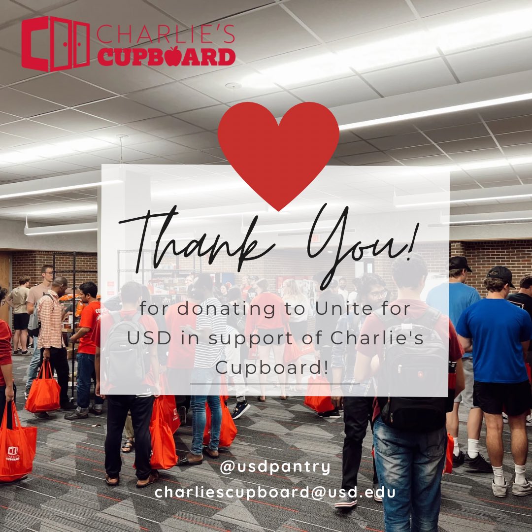 WOW! We want to personally thank everyone who donated for Unite for USD in support of the Cupboard. We cannot thank you enough! 

Charlie’s Cupboard raised $14,359 which included 234 donors! Specifically, we wanted to thank Scooter’s Coffee in Vermillion for donating $4,841.09!