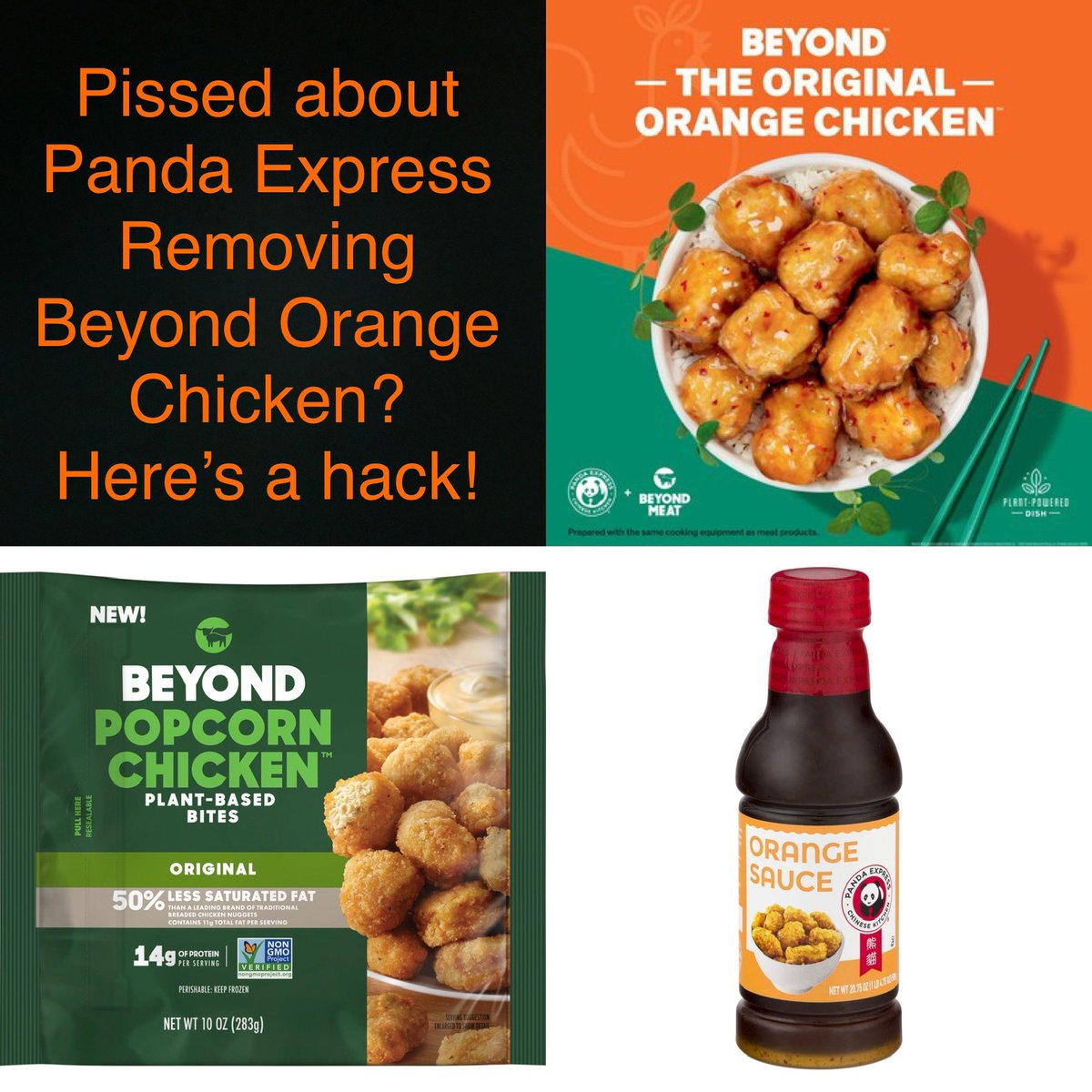 Amy Mildren (@amymildren) on Twitter photo I was SO MAD when <a href="/PandaExpress/">Panda Express</a> discontinued Beyond Orange Chicken, I decided to find a hack. Tip: Airfry the bites double the time directed, heat the sauce in a skillet then toss in the sauce, coating completely. #pandaexpress #beyondorangechicken #hack #vegan I was SO MAD when <a href="/PandaExpress/">Panda Express</a> discontinued Beyond Orange Chicken, I decided to find a hack. Tip: Airfry the bites double the time directed, heat the sauce in a skillet then toss in the sauce, coating completely. #pandaexpress #beyondorangechicken #hack #vegan