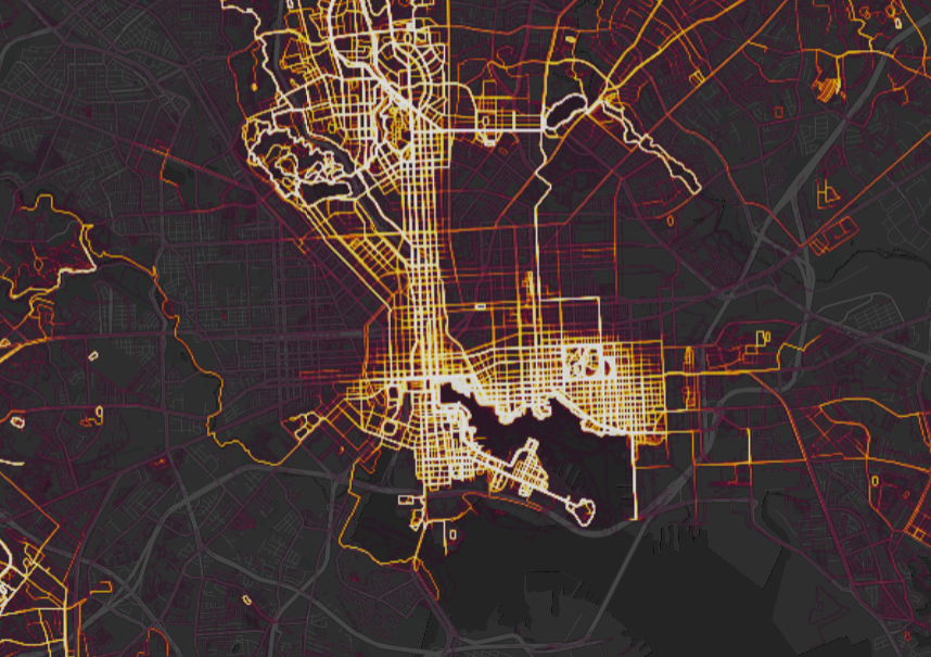 2024dion's tweet photo. This is hardly an original thought, but its striking how closely strava running data maps onto patterns of segregation and gentrification in American cities. Baltimore is particularly stark—it's crazy how closely joggers stick to ~6 roads on north-south runs https://t.co/p71ai4pPK7