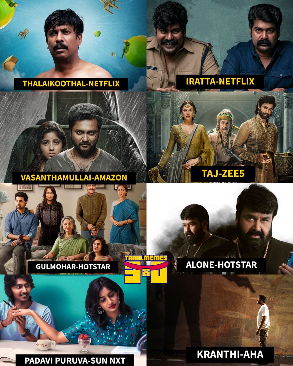 Now Streaming 🎬💥

#Thalaikoothal | #Iratta | #Vasanthamullai | #TajDividedByBlood | #Gulmohar | #Alone |#Padavipuruva | #kranthi