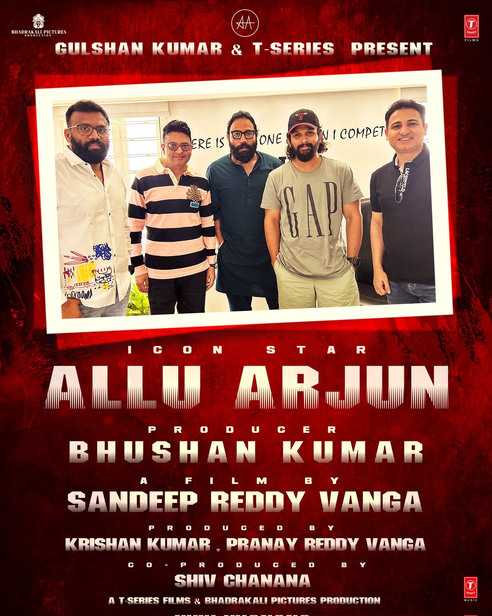 MASSIVE! Three powerhouses of India, Icon Star @alluarjun, producer #BhushanKumar & director @imvangasandeep join forces. The movie under this association will be produced by @TSeries & #BhadrakaliPictures.

#AAWithSandeepReddyVanga