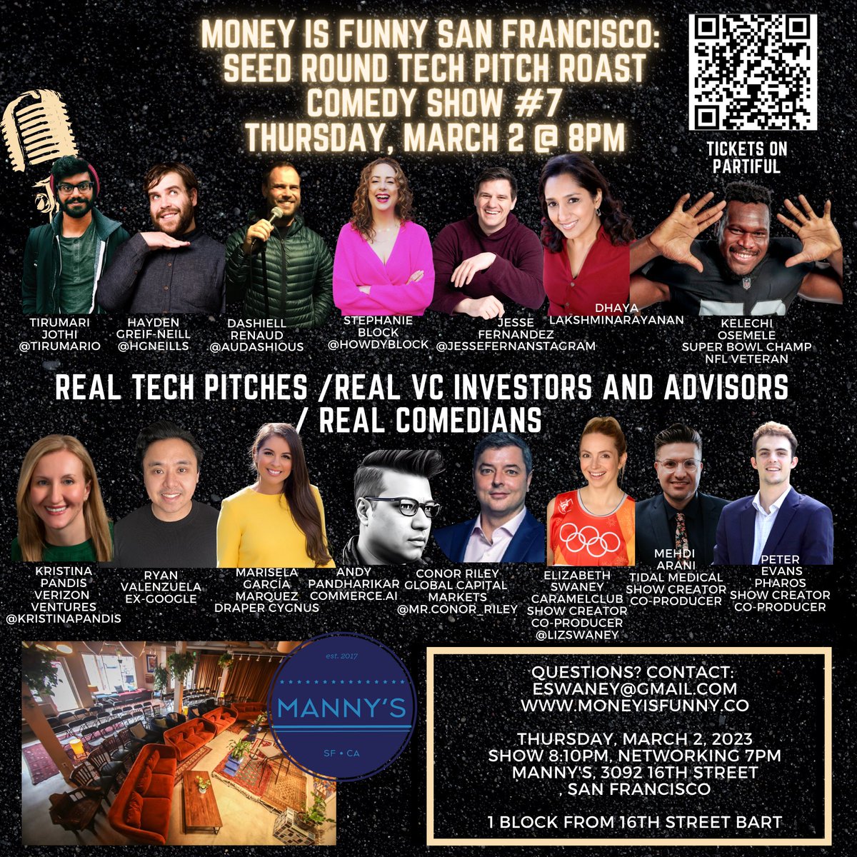 ElizabethSwaney's tweet image. Tech Pitch Roast Comedy Show tonight with a #GenerativeAI focus! Tech founders present their pitches, then are roasted by VCs, advisors, and stand-up comedians. #techpitch #comedy #comedyroast @moneyfunnyshow @welcometomannys