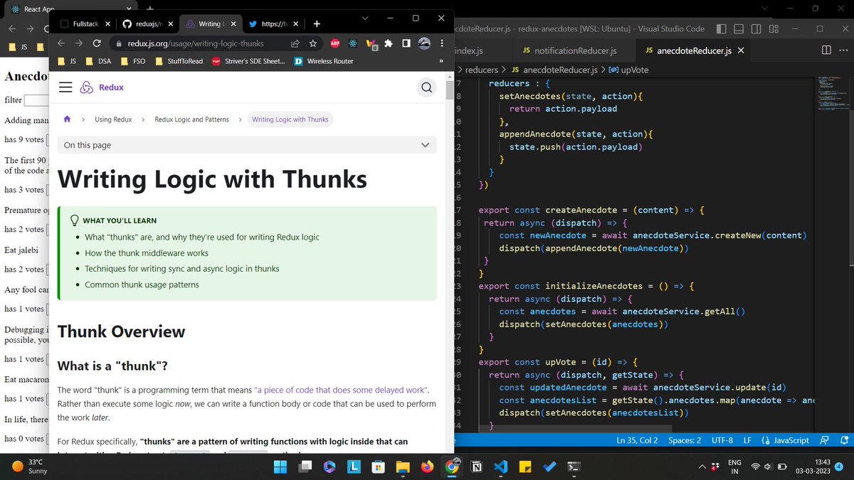 jump3rhood's tweet image. Day 12 of #100DaysOfCode 
Fullstack Open: (Part 6 - State management)
- Learnt to handle state management via Redux
- Learnt to use reduxjs/toolkit for React apps
- Async communication with redux thunk 
 #fullstackopen #reactjs #redux #reduxthunk
