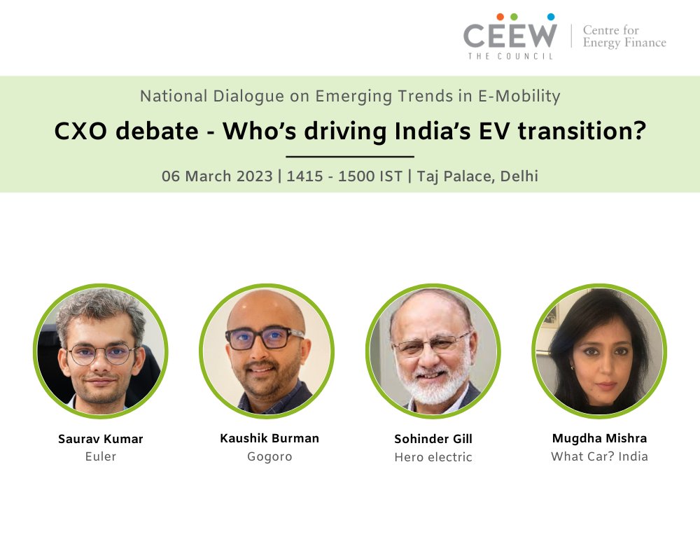 CEEW (@ceewindia) on Twitter photo 2⃣ days to go!
Watch top CXOs discuss, debate & direct India's EV transition at the @CEEW_CEF National Dialogue.
<a href="/sauravk_89/">Saurav Kumar</a>, @eulermotor
<a href="/kaushikburman/">@XKB</a>, <a href="/WeAreGogoro/">Gogoro</a>
<a href="/sohinder_gill/">Sohinder Singh Gill</a>,<a href="/Hero_Electric/">Hero Electric</a>
<a href="/mishramugdha/">Mugdha Mishra Anand</a>, <a href="/whatcarindiamag/">WhatCar? India</a>
Register 🔗 ceew.in/events/nationa… 2⃣ days to go!
Watch top CXOs discuss, debate & direct India's EV transition at the @CEEW_CEF National Dialogue.
<a href="/sauravk_89/">Saurav Kumar</a>, @eulermotor
<a href="/kaushikburman/">@XKB</a>, <a href="/WeAreGogoro/">Gogoro</a>
<a href="/sohinder_gill/">Sohinder Singh Gill</a>,<a href="/Hero_Electric/">Hero Electric</a>
<a href="/mishramugdha/">Mugdha Mishra Anand</a>, <a href="/whatcarindiamag/">WhatCar? India</a>
Register 🔗 ceew.in/events/nationa…