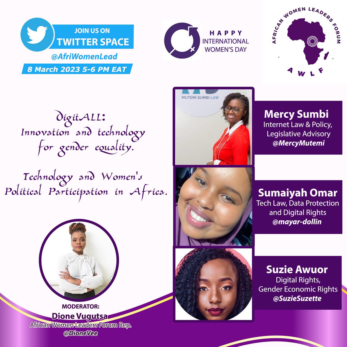 Celebrate #IWD2023 with us by joining our upcoming Twitter Space Conversation on Wednesday, 8th March 2023 as our incredible panel discuss Technology and Women’s Political Participation in Africa. 

Set a reminder for this upcoming space x.com/i/spaces/1YqKD… 
#EmbraceEquity