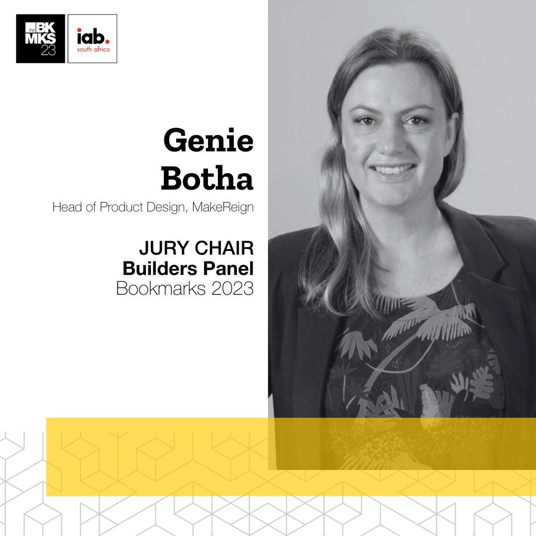 Meet Genie Botha, Jury Chair for the #2023Bookmarks Builders Panel 🙌

Click the link🔗to learn more about the Builders panel and to submit your entry for this year’s most prestigious digital marketing and media awards — Bookmarks 2023!: lnkd.in/dJ3HnWBP

#BMA2023