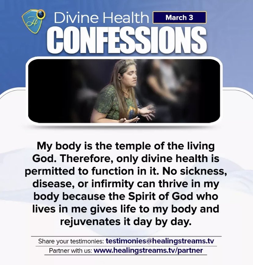 healingschool's tweet photo. DIVINE HEALTH CONFESSIONS: MAR. 3, 2023

Follow this page for more inspiring content, testimonies, and program updates!

#dhconfessions #healingstreams
#healingtothenations #healingstreams #pastorchris https://t.co/N2SWunuCxt