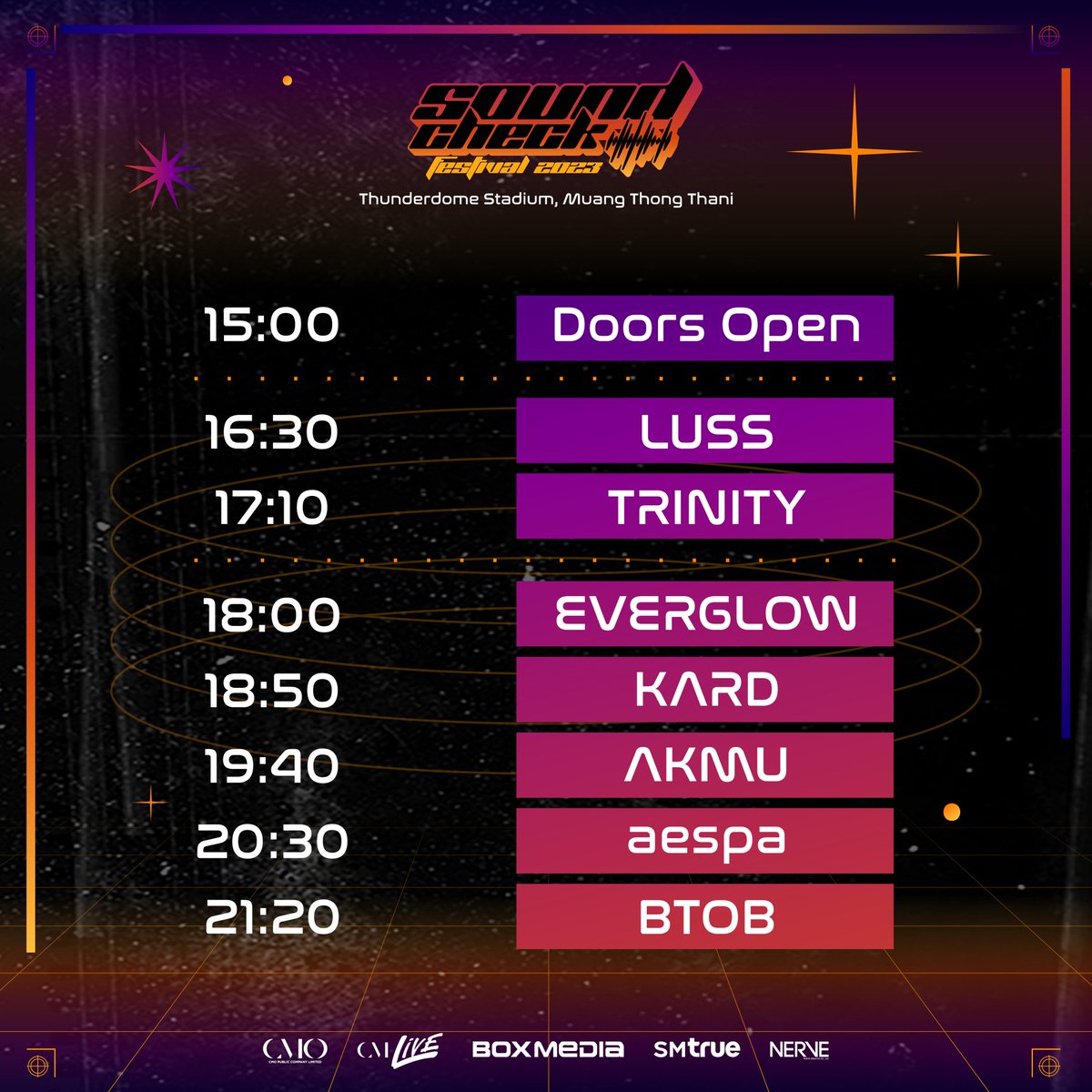 CMLiveThailand's tweet photo. จุกๆ กับเหล่าศิลปินสุดฮอต พร้อมความบันเทิงกว่า 6 ชม.✨

Line up time table is here!

📅 See you on 25 March 2023
🏟 Thunderdome Stadium, Muangthong Thani

Ticket on sale 
📅 4 March 2023
⏰ 11:00 am.
🖥️ at https://t.co/mEwVb5Q70p

#CMLIVE #CMO #SoundCheck_TH https://t.co/fTDPloMSb5