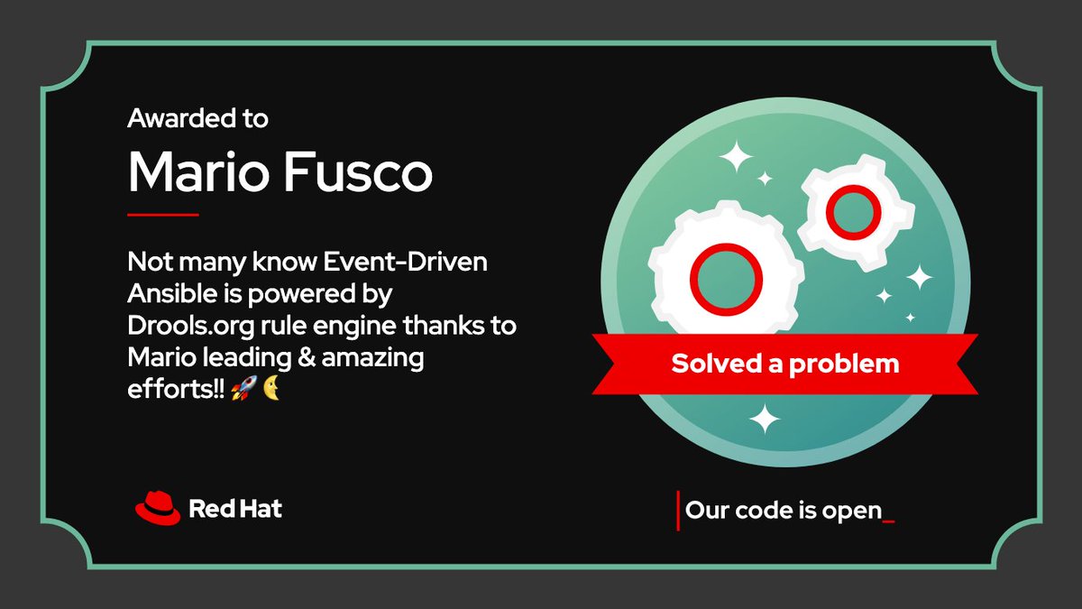 tari_manga's tweet image. Today in @RedHatJobs we celebrate accomplishments of colleagues in contributing to our #CodeIsOpen and to me @mariofusco deserves a special prize in contribution to making Event-Driven Ansible a reality, 
(cont.👇)