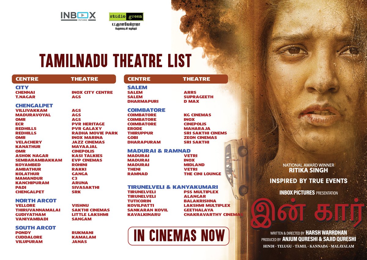 StudioGreen2's tweet photo. The fury of innocence is all set to explode now!
Here's the complete Tamilnadu theatre list of National award-winning actress @ritika_offl starrer #InCar IN CINEMAS NOW!
#InCarFromToday
#இன்கார்
@inboxpictures @isajidqureshi @StudioGreen2 @kegvraja @Harshtalkies https://t.co/mhGKgD5wpy