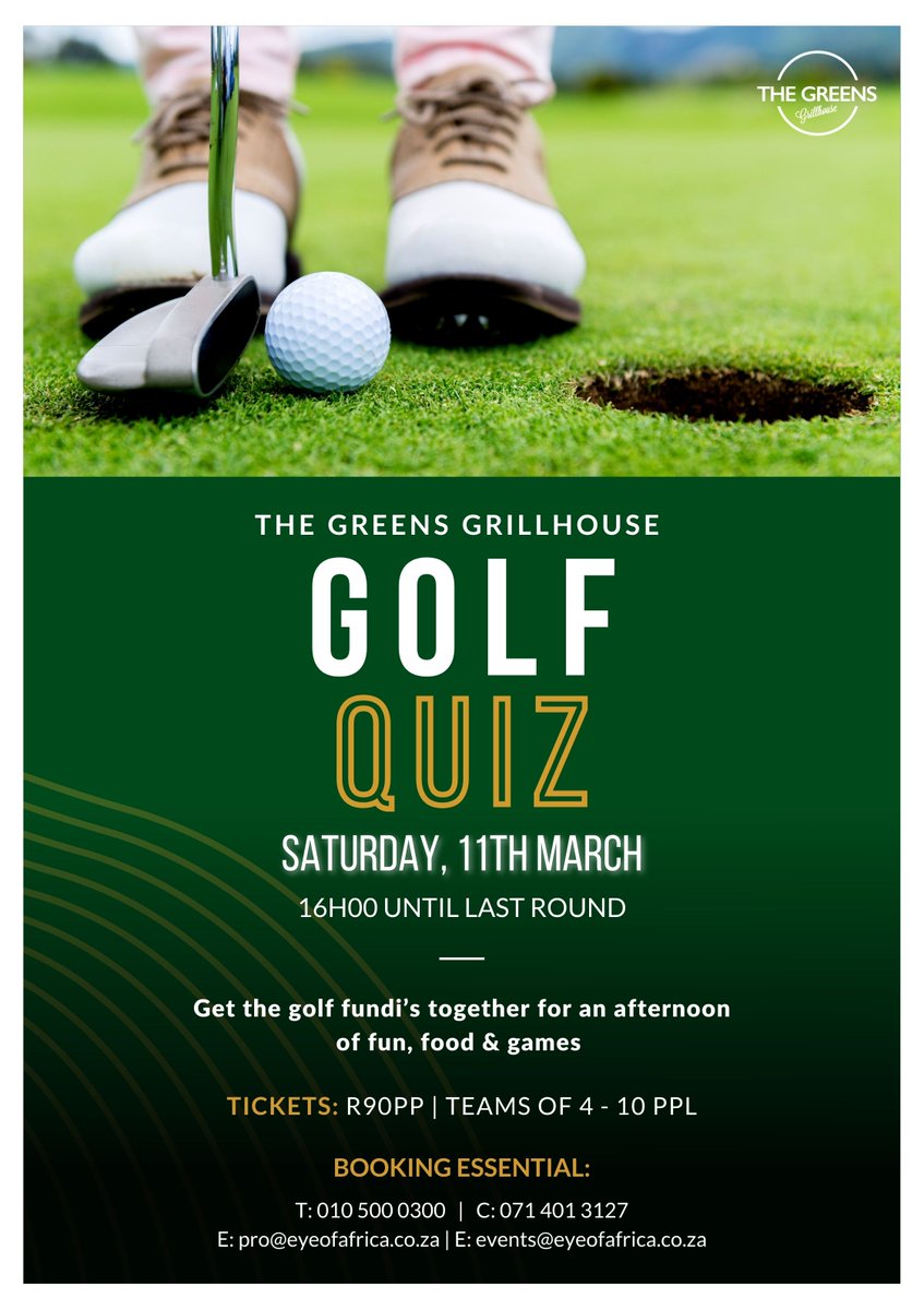 Our Golf-Themed Quiz Night is happening on Saturday, 11 March. 
Join us at The Greens Grillhouse and have some fun.
BOOK YOUR TABLE NOW - BOOKING ESSENTIAL
TEAMS OF 4 - 10 PEOPLE
T: 010 500 0300   |   C: 071 401 3127
E: events@eyeofafrica.co.za
#GolfLife #GolfTrivia #EyeOfAfrica