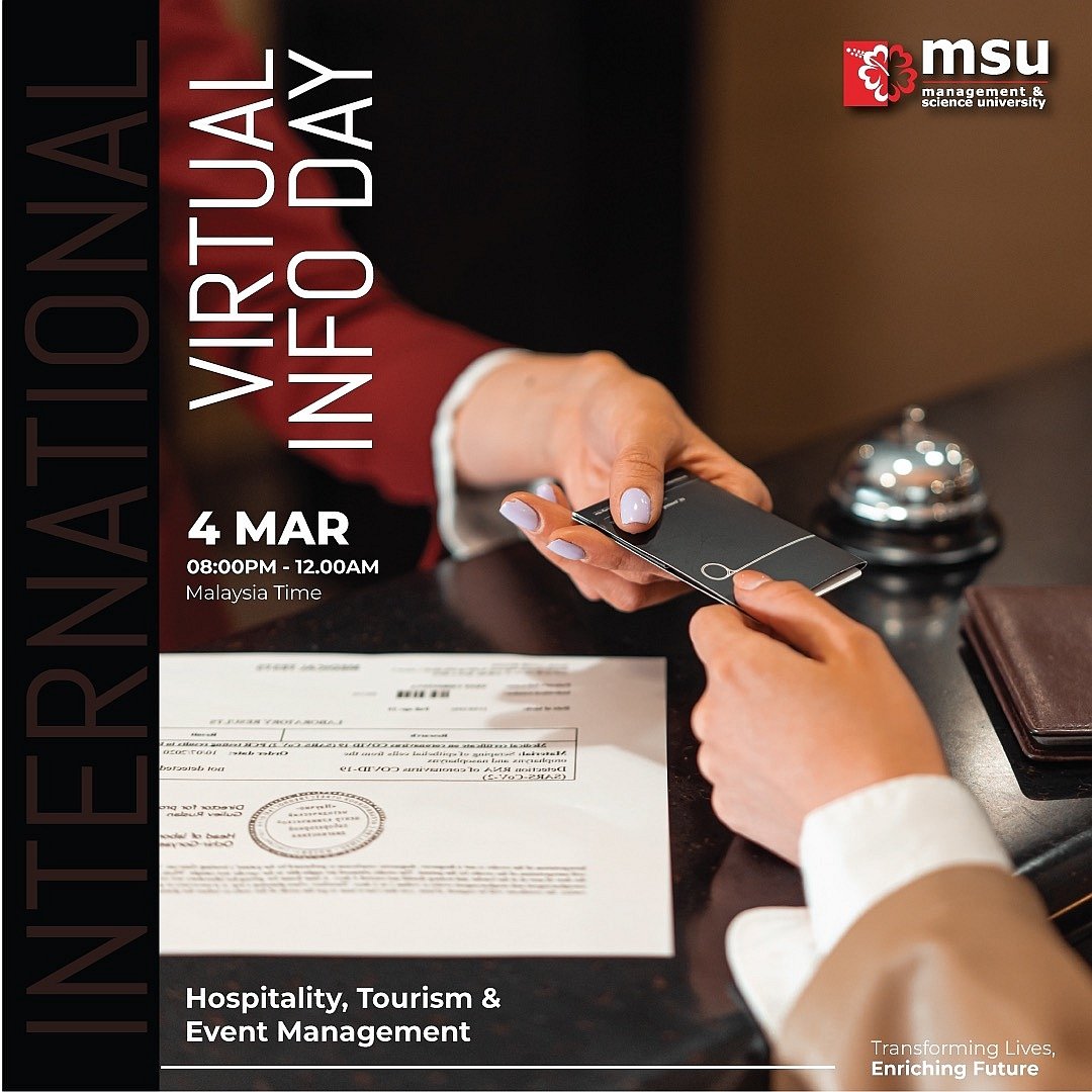 Top in QS @worlduniranking by subjects for Hospitality & Leisure Management, joined @MSUmalaysia International Virtual Info Day this 4 March to find out more.
virtual.msu.edu.my
@EnrolmentMsu
@MSUGlobalAffair
@MSUmalaysiaSHCA