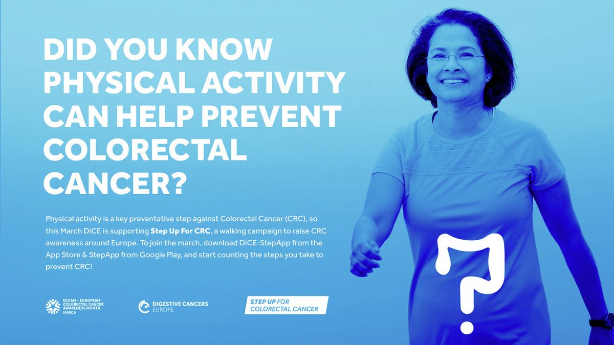 dice_europe's tweet image. Did you know that regular physical activity can greatly reduce your risk of colorectal cancer? For #ECCAM2023, stay in shape &amp;amp; #StepUpforCRC to prevent colorectal cancer and other illnesses! Download DiCE-StepApp NOW!

Learn more▶️ eccam2023.digestivecancers.eu/symptoms-risks…