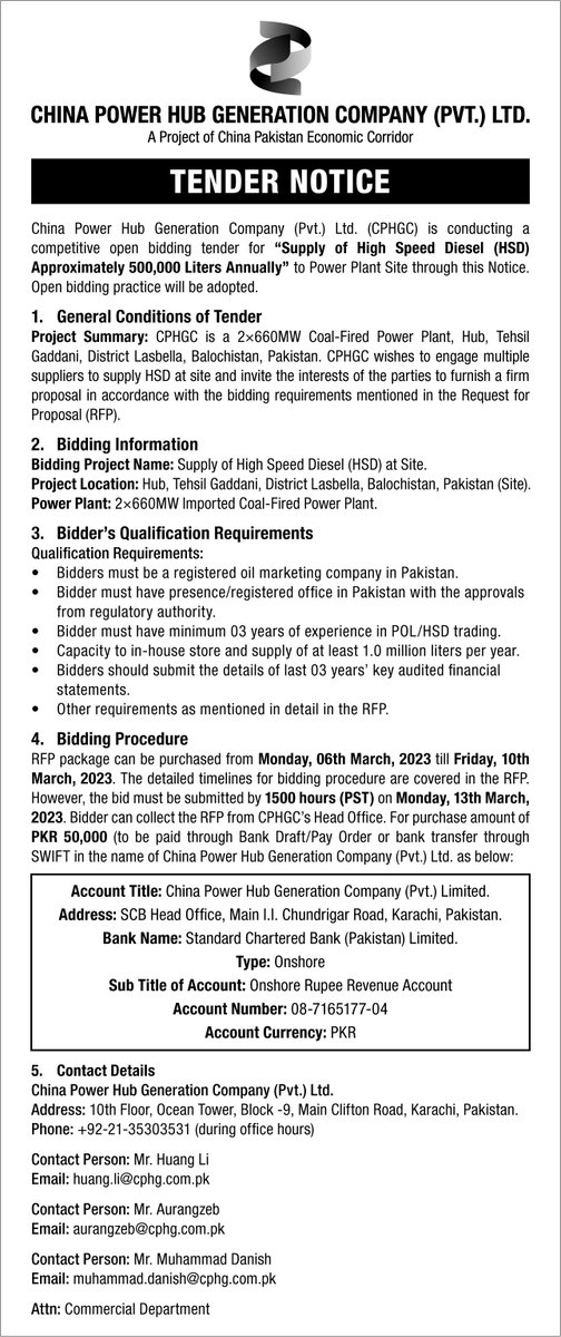 ChinaPowerHub's tweet photo. #TenderNotice
CPHGC is conducting competitive bidding for the "supply of high-speed diesel approximately 500,000 liters annually". 

Interested vendors can apply for bidding.

#bidding #tender #procurement https://t.co/IPxjwG1I0K