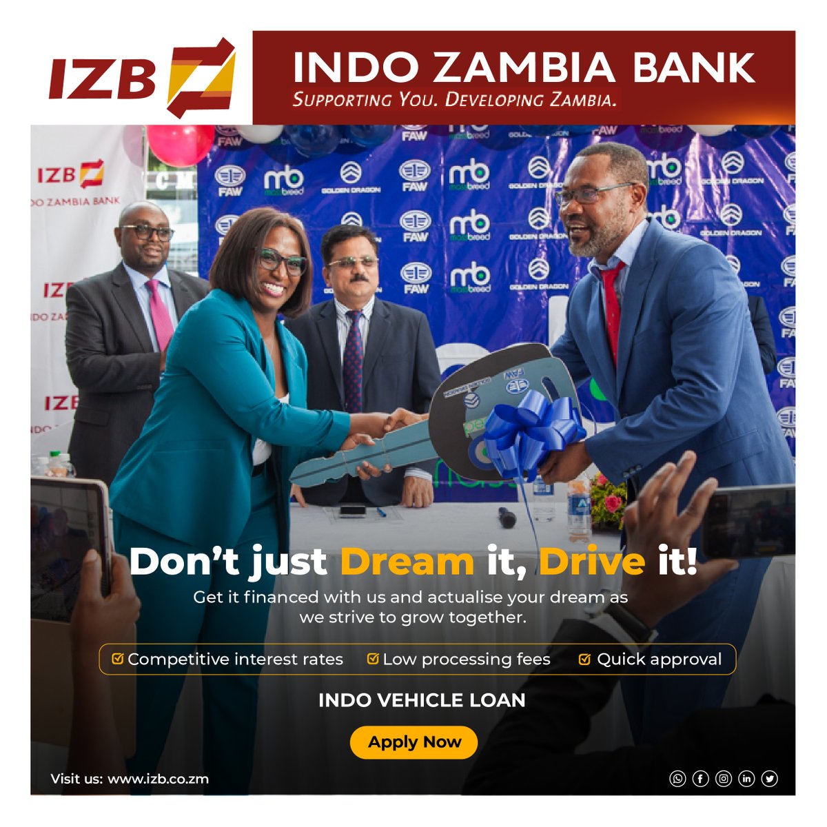 IndoZambiaBank's tweet photo. Bring your dreams to life with Indo Zambia Bank! 💸
#IndoZambiaBank #IZB #LetsGrowTogether #SupportingyouDevelopingZambia #IndoVehicleLoan #Loans #VehicleLoan #MassbreedInvestments #CompetitiveInterestRates #LowProcessingFees #DreamDriven #ApplyNow https://t.co/czUqCvIB9Z