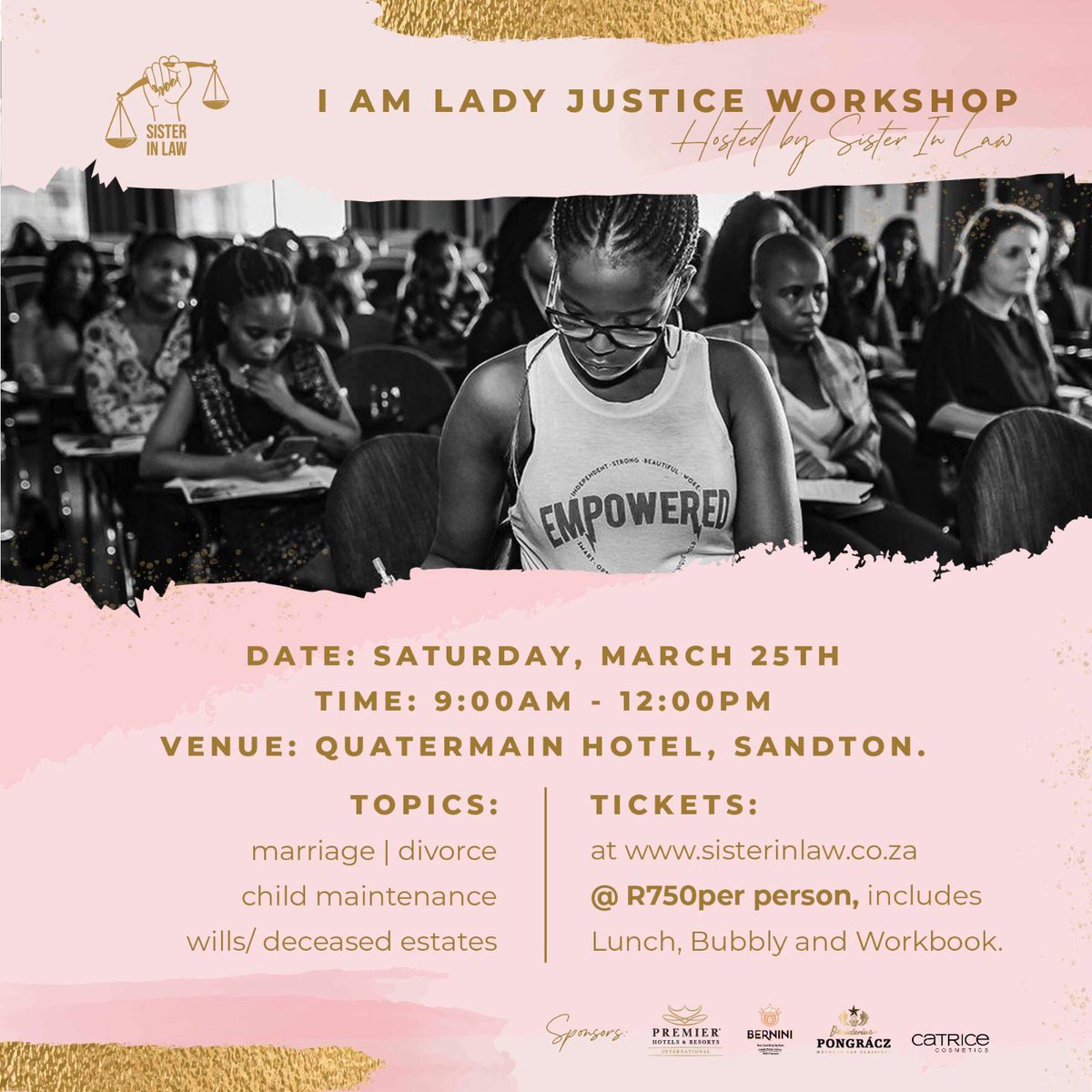 The purpose of the I am Lady Justice workshop is to have an in-person session which aims to educate and empower women on various legal topics which affect their lives such as marriage, divorce, child maintenance, wills and deceased estates [thread]