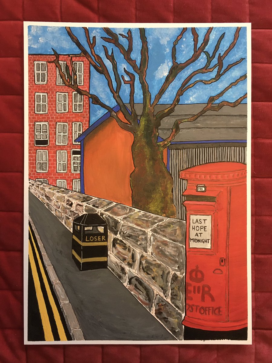 DjbSackett's tweet photo. ‘Street Views (Angst on the Outskirts of Town)’
420x297mm
Acrylic/Ink and Acrylic pen on paper
A partly imagined urban view.
#cartoonlandscape
#urbanlandscape
#streetfurniture
#postbox
#litterbin
#anxietyart
#anxiety https://t.co/1ITrP14QCZ