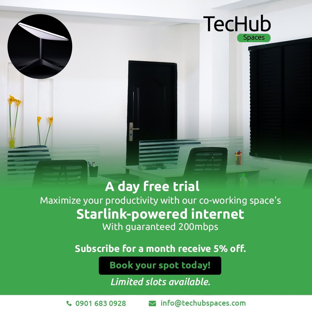techubspaces's tweet image. Get connected like never before! Our co-working space now has Starlink with guaranteed internet speed of 200mbps. Join us for a FREE DAY TRIAL, and if you decide to subscribe for the monthly plan, enjoy an additional 5% discount on us! Hurry, limited slots for 5 people only.
