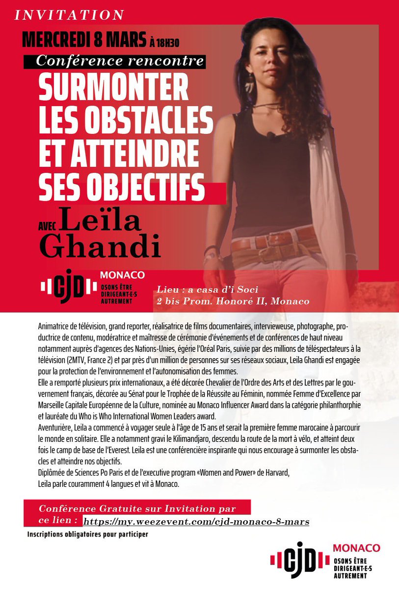 Honorée que le CJD Monaco m’ait choisie pour sa conférence du 8 mars. @cjd_france <a href="/CJDmaroc/">CJD Maroc</a> my.weezevent.com/cjd-monaco-8-m…