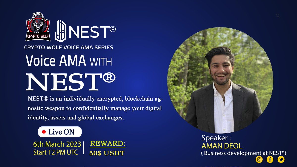 CryptoWolfcom's tweet photo. CRYPTO WOLF 🐺 Is Glad To Announce Our Next AMA with #NEST 6th March 2023, 12 PM UTC

🎁 Reward pool : $50 USDT

🏠 Venue: https://t.co/0hGjYbRutx
Rules : 
1️⃣.Follow: @NEST_Ecosystem
2️⃣.Follow: @CryptoWolfcom
2️⃣.Like,Retweet,Tag 3 &amp; Friend Send your question about NEST.
#AMAs https://t.co/XPVejG6dXY