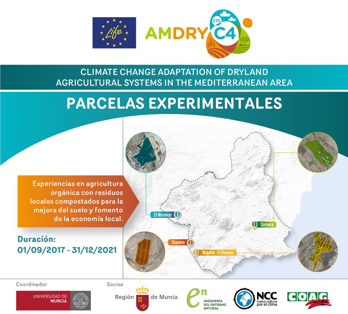 Conoce las diferentes parcelas experimentales que forman parte del Proyecto <a href="/LIFE_AMDRYC4/">LIFE AMDRYC4</a> donde se implementan diferentes medidas adaptativas con el objetivo de luchar contra el #CambioClimatico y asi mejorar el suelo de las diferentes parcelas y formentar la #economica local