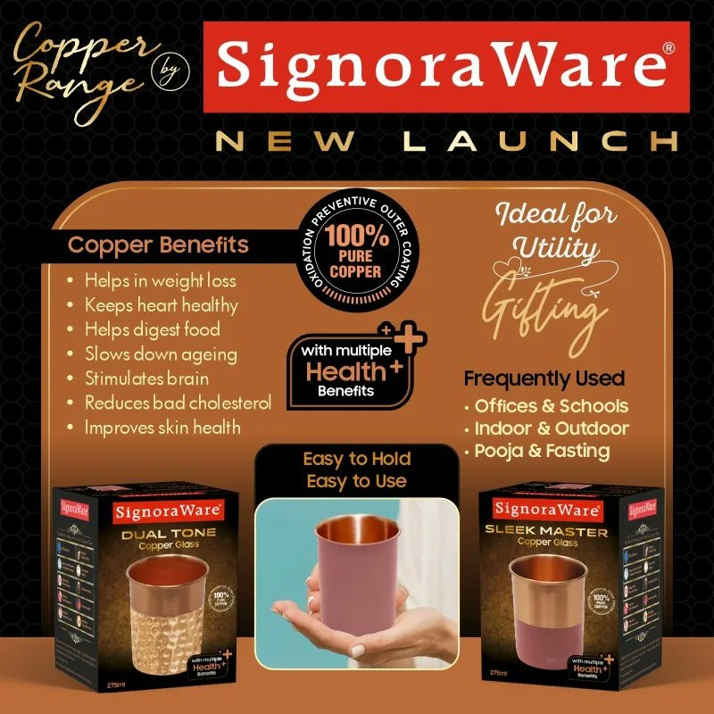 SignoraWare's tweet photo. Introducing New Copper Glasses Range 

Hydration and Health with Premium Copper Glasses

* Dual Tone Copper Glass
* Coloured Copper Glass
* Sleek Master Copper Glass 

#signoraware #newlaunch #copperglass #glasses #copperglassesrange #signorawareglass #healthycopperglass https://t.co/2kKuyNm9Nv