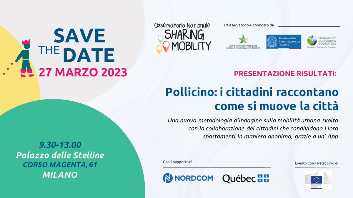 Sharing Mobility IT (@sharingmob) on Twitter photo 💥#SaveTheDate: aperte le iscrizioni per la Conferenza “Pollicino: i cittadini raccontano come si muove la città” prevista a Milano il 27/03. L'evento è organizzato con il supporto di #NordCom e di <a href="/QuebecItalia_it/">Delegazione del Québec in Italia</a> 📌 Per partecipare prenota il tuo posto👉bit.ly/3ZQFB2X 💥#SaveTheDate: aperte le iscrizioni per la Conferenza “Pollicino: i cittadini raccontano come si muove la città” prevista a Milano il 27/03. L'evento è organizzato con il supporto di #NordCom e di <a href="/QuebecItalia_it/">Delegazione del Québec in Italia</a> 📌 Per partecipare prenota il tuo posto👉bit.ly/3ZQFB2X