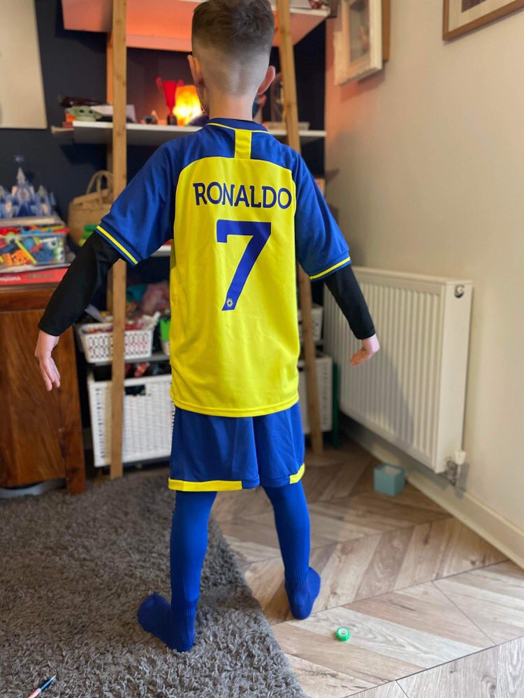 All ready for #WorldBookDay2023 at his school. Going as his football idol <a href="/Cristiano/">Cristiano Ronaldo</a> in his <a href="/AlNassrFC_EN/">AlNassr FC</a> kit #GOAT